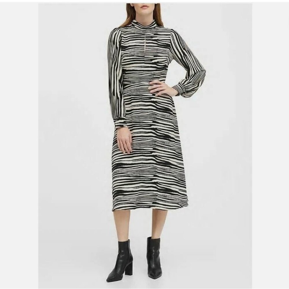 Banana Republic Black White Zebra Print Mock Neck Long Sleeve Midi Dress